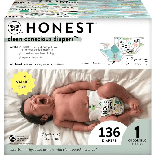 The Honest Company Clean Conscious Diapers | Plant-Based, Sustainable | Above It All + Barnyard Babies | Super Club Box, Size 1 (8-14 lbs), 136 Count