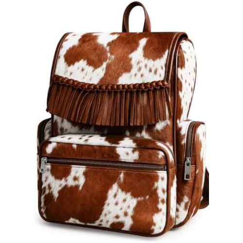 LP-FACON Cowhide Hair Cow Fur Skin Print Western Leather Fringe Diaper Backpack Rucksack/Knapsack Travel Shoulder Bag Brown