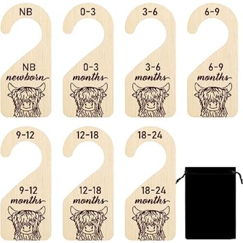 R HORSE 8Pcs Highland Cow Baby Closet Dividers Wooden Nursery Closet Organizer Double-Sided Baby Clothe Size Hanger Hanging Clothes from Newborn to 24 Months Age Dividers for Baby Boy Girl Shower Gift