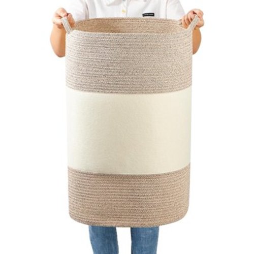 90L Jumbo Woven Laundry Hamper,17" x 17" x 24" Extra Large Laundry Basket for Blanket Storage,Tall Baby Nursery Hamper for Toys in Bedroom,Living Room Brown&White