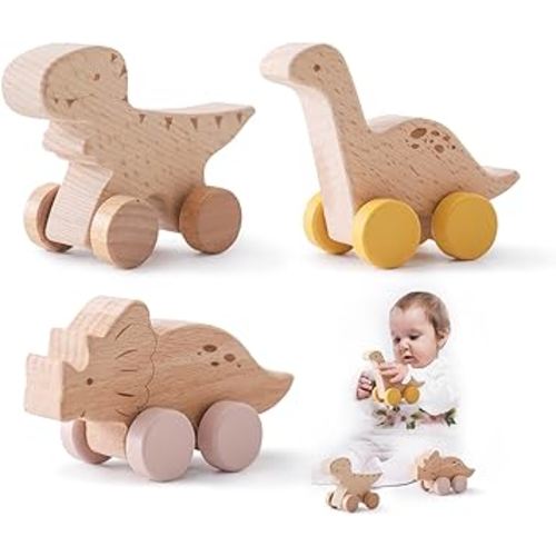 Wooden Dinosaur Cars Montessori Toys for Babies Baby Push Car Toys Wooden Toy Vehicles Development and Infant Grasping Montessori Toys(Combo)