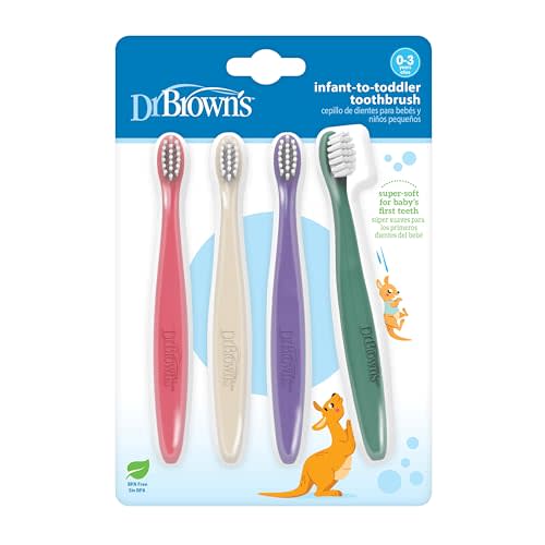 Dr. Brown's Infant-to-Toddler Toothbrush Set, Soft & Gentle Manual Toothbrushes for Baby, Pink/Ecru/Purple/Dark Green, BPA Free, 0-3 Years – 4-Pack