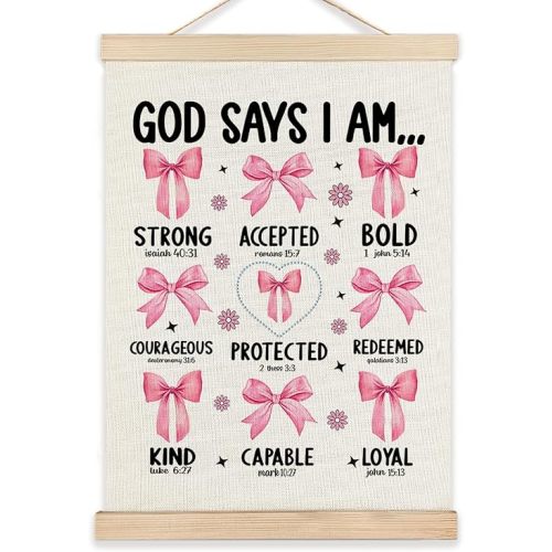 Pink Bows Wall Art Decor, God Says I Am Wall Decor, Pink Bow Room Decor, Coquette Wall Art for Nursery Girls Room Home Bedroom Hanging, 12x16 Inch