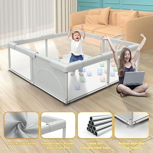 Baby Playpen Play Pens for Babies and Toddlers Baby Fence Baby Play Yards for Indoor & Outdoor with Breathable Mesh Anti-Fall Playpen - light grey - 50"X50"