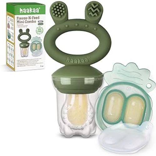 Haakaa Baby Fruit Food Feeder & Mini Freezer Nibble Tray Combo, Breastmilk Popsicle Molds for Baby Cooling Relief, BPA Free Silicone Feeder for Safe Infant Self Feeding, 4 Month+(Olive Green)