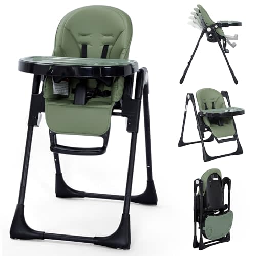 Kinder King Convertible High Chair for Babies & Toddlers, Adjustable Baby Feeding High Chair with Removable Double Tray, Simple Compact Fold for Space-Saving, 2 Built-in Wheels, Easy to Clean, Green