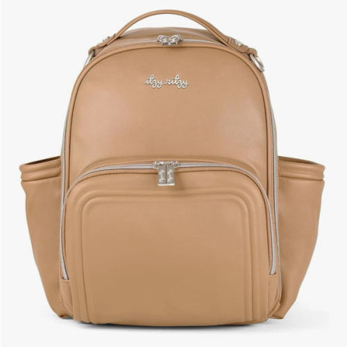 Itzy Ritzy Mini Diaper Bag Backpack – Chic, Compact Mini Plus Backpack with Changing Pad, 10 Pockets (6 Internal, 4 External), Grab-Top Handle & Rubber Feet (Chai)