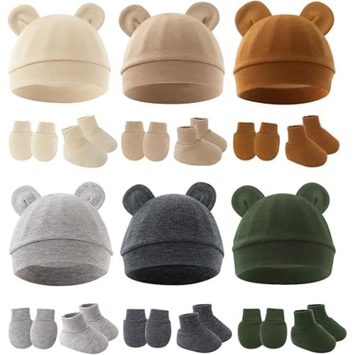 ZURLEFY Cotton Baby Hats Mittens and Socks Set Unisex, Toddler No Scratch Mittens and Beanie Cap Infant Newborn Hospital Hat