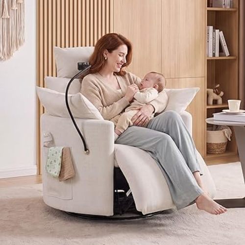 FOXHUNTER Manual Glider Rocking Chair Nursery Rocking Chairs 360°Swivel Rocking Recliner with Phone Holder,Footrest,Oversized Rocking Chair for Living Room(Chenille,White)