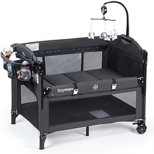 Baby Bassinets Bedside Sleeper, 4 in 1 Portable Bedside Crib w/Mattress, Diaper Changer, Storage Basket, Music Box, Carry Bag, Foldable Playard Sleeper for Newborn (Black)