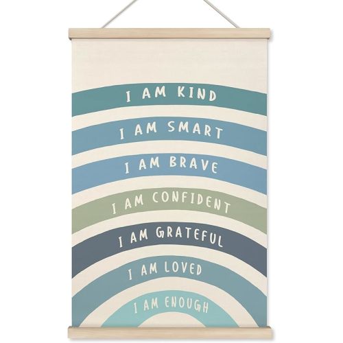 HRQKO Blue I Am Kind Smart Inspirational Poster Hanger Frame, Boho Rainbow Wall Art with Wooden Frames, Positive Affirmation Hanging Decor for Nursery Toddler Room, Mental Health Decor, 16x24 inch