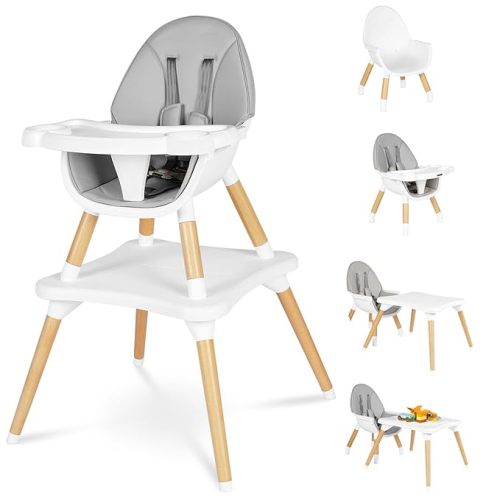 6 in 1 High Chair for Babies & Toddlers, Convertible Wooden Baby Highchair, Table and Chair Set, Baby Feeding Chair, 5-Point Adjustable Harness/4-Position Removable Tray& PU Seat Cushion(Grey)