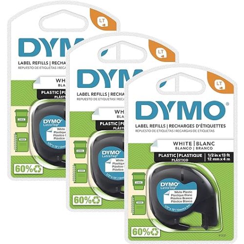 DYMO LT Plastic Labels for LetraTag Label Makers, Black Print on White Labels, 1/2" x 13-Foot Rolls, 3 Count