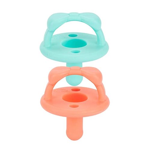 Itzy Ritzy Silicone Pacifiers for Newborn - Sweetie Soother Pacifiers Feature Collapsible Handle & Two Air Holes for Added Safety; for Ages Newborn and Up, Set of 2 in Aquamarine & Peach
