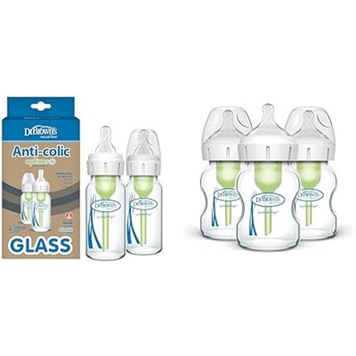 Dr. Brown's Natural Flow Anti-Colic Options+ Narrow Glass Baby Bottle 4 oz/120 mL & Natural Flow Anti-Colic Options+ Wide-Neck Glass Baby Bottles 5 oz/150 mL