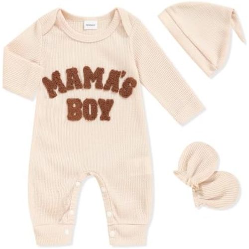 GRNSHTS Newborn Baby Boy Romper Coming Home Outfits Letter Print Bodysuit Jumpsuit+Hat+Gloves 3PCS Clothes Set
