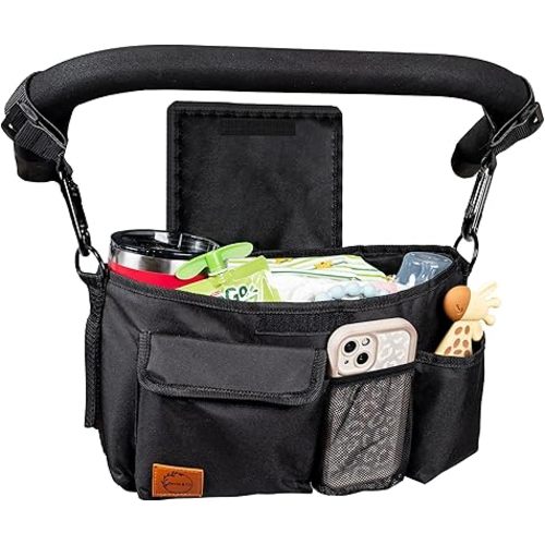 Nevvie & Co Universal Stroller Organizer With Cup Holder | Large Capacity Stroller Caddy | Non-Slip Secure Hooks Accessories | Stroller Attachment | Fits Most Strollers (Black)