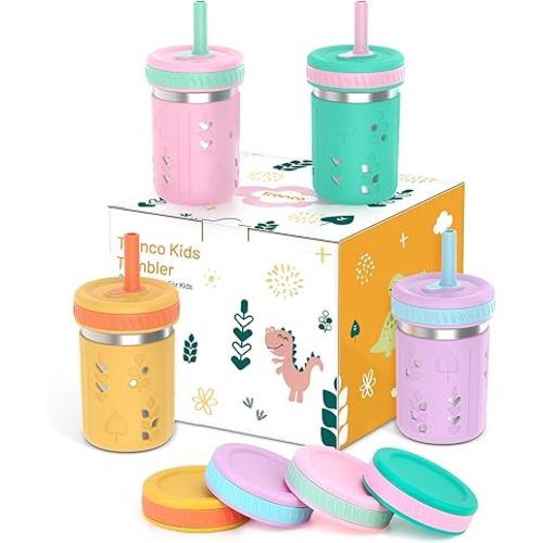 Tronco Stainless Steel Sippy Toddler Cups, 10 oz Mason Jar Kids Smoothie Cups with Silicone Sleeves and Straws, Spill Proof, BPA-Free, Toddler Snack Cups