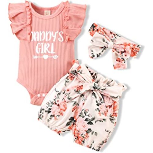 KISSB Newborn Baby Girl Summer Clothes Outfits Daddys Little Girl Short Sleeve Romper Infant Floral Shorts Set 3Pcs