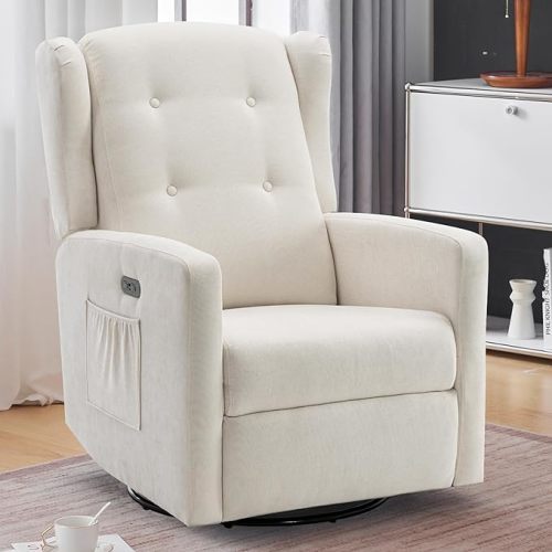 Power Swivel Rocking Recliner Chair, High Back Electric Rocker Nursery Glider Chair, USB and Type-C Ports, Upholstered Fabric Reclining Single Sofa Chair for Living Room (Beige)