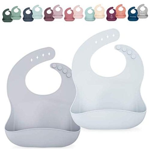 AVA + OLIVER Silicone Bib Set - Adjustable Waterproof Bibs - Set of 2 - Stone