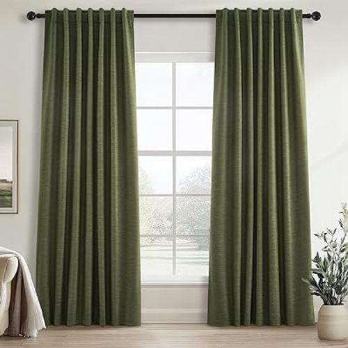 Topfinel Olive Green Linen Blackout Curtains 84 Inch Long for Living Room,Pinch Pleated Drape with Hooks Back Tab Boho Decor, Olive Forest Loden Full Black Out Curtains for Bedroom
