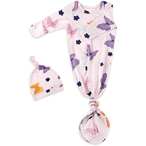 Newborn Baby Knotted Gown for Girls, Newborn Hospital Outfit with Mitten Cuffs, Super Soft Silky Infant Long Sleeve Gown