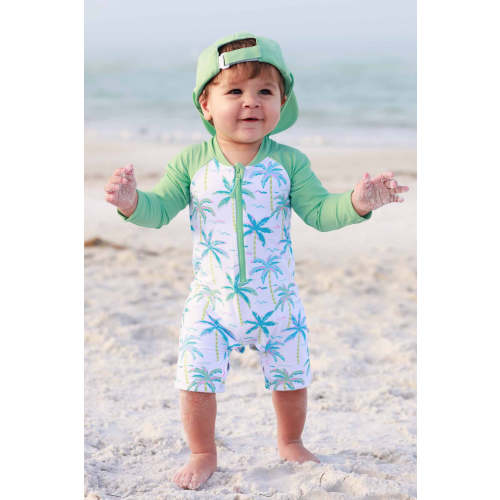 Long Sleeve Rash Guard Swim Romper Shortie in Blue Lagoon | Caden Lane