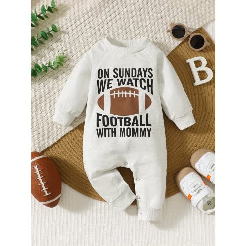 Baby's ON * WE WATCH FOOTBALL WITH MOMMY Print Casual Cotton Long Sleeve Romper, Toddler & Infant Boy's Bodysuit