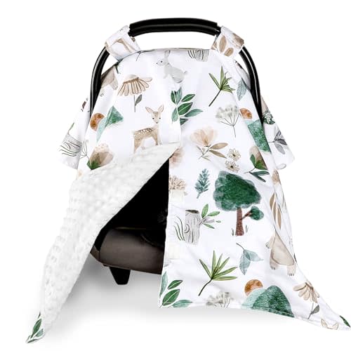 CARUILI Minky Car Seat Cover for Baby Girl & Boys, Car Seat Canopy with Peep Window, Multiuse Carseat Covers Protecting Baby from Wind, Sun, Strangers, Woodland Animal
