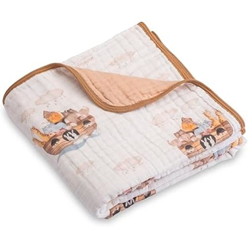 LollyBanks Muslin Baby Blanket 100% Cotton, Muslin Quilt Lightweight, 6 Layers Baby Blanket 47"x 47", Toddler Blanket for Boy and Girl, Nursery Receiving Blankets Baby Essentials (Noah's Ark Pattern)