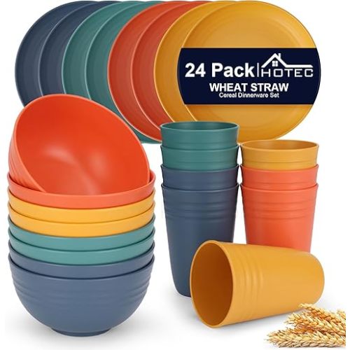 HOTEC 24-Pack Unbreakable Kitchen Plastic Wheat Straw Dinnerware Set – BPA-Free Plates, Bowls & Cups | Lightweight, Microwave & Dishwasher Safe | Multicolor Reusable Tableware for Home & Outdoor Use