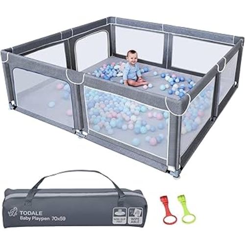 Todale Baby Play Yard - 70 x 59 in, Grey - Extra Large Mesh Playpen for Babies & Toddlers - Tear-Resistant Oxford Fabric & Suction Cup Feet - Breathable Zipper Gate & 360° Visibility