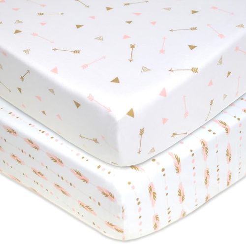 American Baby Company 2 Pack Fitted Crib Sheets 28" x 52", Soft Breathable Neutral 100% Cotton Jersey Sheet, Sparkle Gold/Pink Feathers/Arrows, for Boys and Girls, Fits Crib and Toddler Bed mattresses