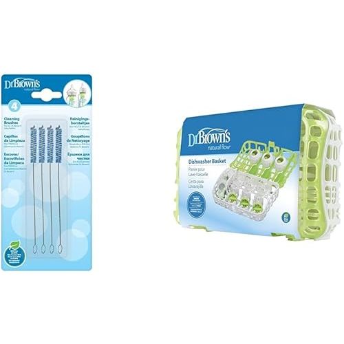 Dr. Brown's Natural Flow Baby Bottle Vent System Cleaning Brushes and Dishwasher Basket for Bottle Parts, 4 Brushes and 1 Basket