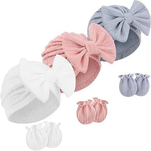 Newborn Baby Hats and Mittens Set Infant Bow Beanie Cap Toddler Gloves Newborn Hospital Hats for Baby Boy Girl Kid