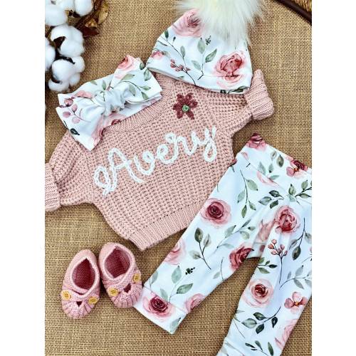 Newborn Girl Coming Home Outfit, Going Home Set Baby Girl, Embroidered Personalized Name Sweater Knit Pink, Floral Pants Bow Pompom Hat