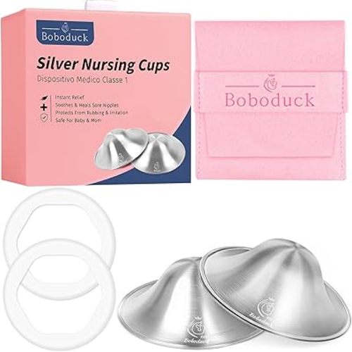 Boboduck The Original Silver Nursing Cups - 999 Silver Nipple Covers Breastfeeding - Protect and Soothe Sore Nipples - Breastfeeding Essentials Silver Nipple Guards with Soft Silicone Ring (Regular)