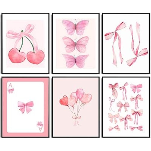 6pcs Pink Bow Canvas Wall Art Trendy Cute Girly Watercolor Bows Prints Painting Room Aesthetic Wall Decor Preppy Posters Coquette Room Decor for Living Room Girls apartment 8x10in Unframed