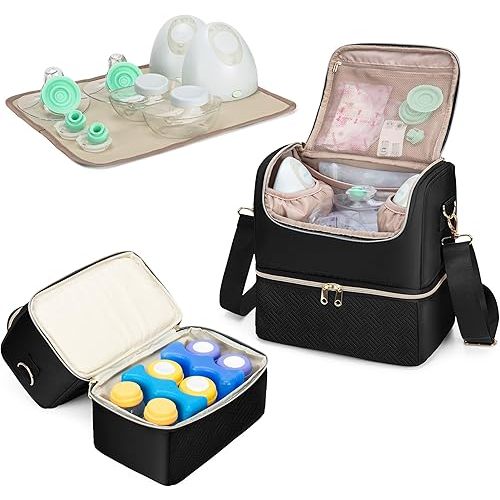 Fasrom Breast Pump Bag with Cooler Compartment Compatible with Elvie and Medela Pump, Wearable Pumping Tote - Waterproof Mat