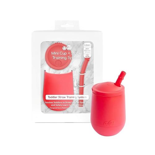 ezpz Mini Cup + Straw Training System - 9 Months+ (Coral) - 100% Silicone Training Cup for Infants + Toddlers - Designed by a Pediatric Feeding Specialist