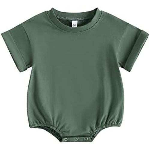 Gueuusu Unisex Baby Boy Girl T Shirt Romper Solid Color Short Sleeve Bubble Romper Oversized Crewneck One Piece Bodysuit Top