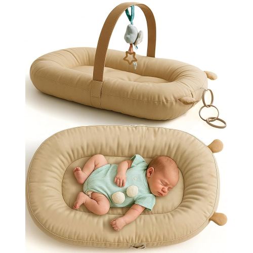 SplashEZ Baby Lounger Pillow for Newborn, Ergonomic Baby Nest & Play Gym for Newborn, 100% Organic Cotton, Breathable, Lightweight & Portable 3D Mesh Pillow for Awake Time (Toys NOT Included), Camel