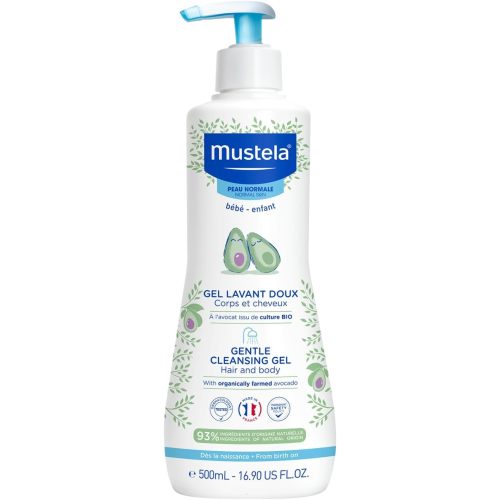 Mustela Baby Gentle Cleansing Gel for Normal Skin with Natural Avocado Perseose and Vitamin B5 - 500ml | Protects and Hydrates | Suitable from Birth, Vegan and Tear-free | Ultra gentle for Hair and Body | Tested by Dermatologists and Paediatricians