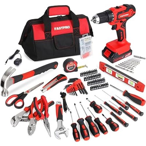 FASTPRO 232-Piece 20V Cordless Lithium-ion Drill Driver & Home Tool Set, Household Repairing Tool Kit with Drill, 12-Inch Wide Mouth Storage Tool Bag, Red