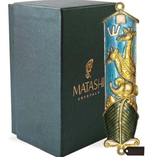 Hand Painted Blue Enamel Noah's Ark Mezuzah w Gold Accents, Crystals Home Door Decor Housewarming House Blessing Gift for Holiday by Matashi