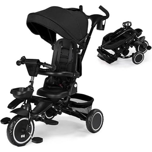 Kinder King Kids Tricycle, 8 in 1 Folding Toddler Trike w/Adjustable Push Handle, Rotatable Seat, Adjustable Canopy, Bell, Five-Point Harness, Storage, Toddler Stroller Bike for Age 6 Months+, Black