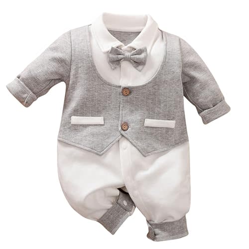 HUAANIUE Newborn Baby Boys Gentleman Romper One Piece Long Sleeve Bowtie Outfit Formal Wear Tuxedo Suit