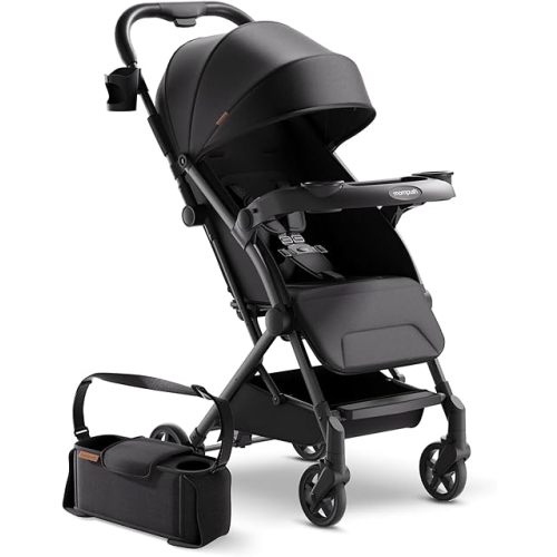 Mompush Lithe V2 Lightweight Stroller with Snack Tray & Organizer, Ultra-Compact Fold & Airplane Ready Travel Stroller, Near Flat Recline Seat, Cup Holder, Raincover & Travelbag Included