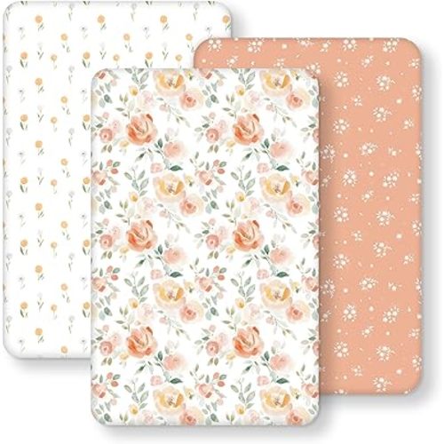 Baby Bedside Bassinet Sheets Fitted Girl, 33”x20” Compatible with Baby Delight Dream On Me & Most Rectangle Bedside Sleeper Bassinet Mattresses, Super Soft Microfiber Watercolor Flower